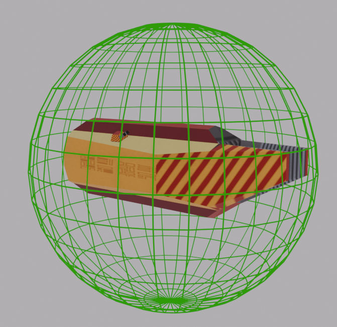 Ship encaged in a wireframe sphere