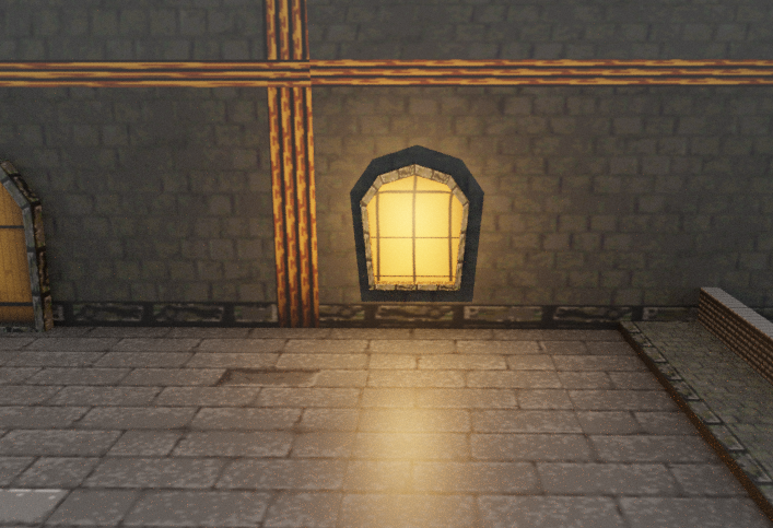 A videogame screenshot. An opaque window on a stone brick wall. The scene is illuminated with light and shadows.