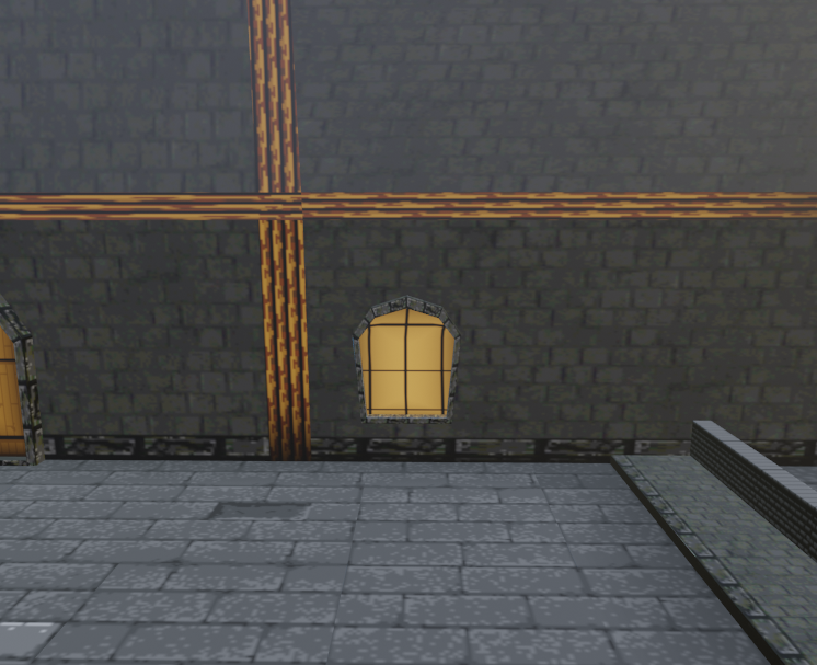A videogame screenshot. An opaque window on a stone brick wall.