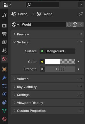 Blender World inspector showing  the Surface Color and strength for ambient lighting